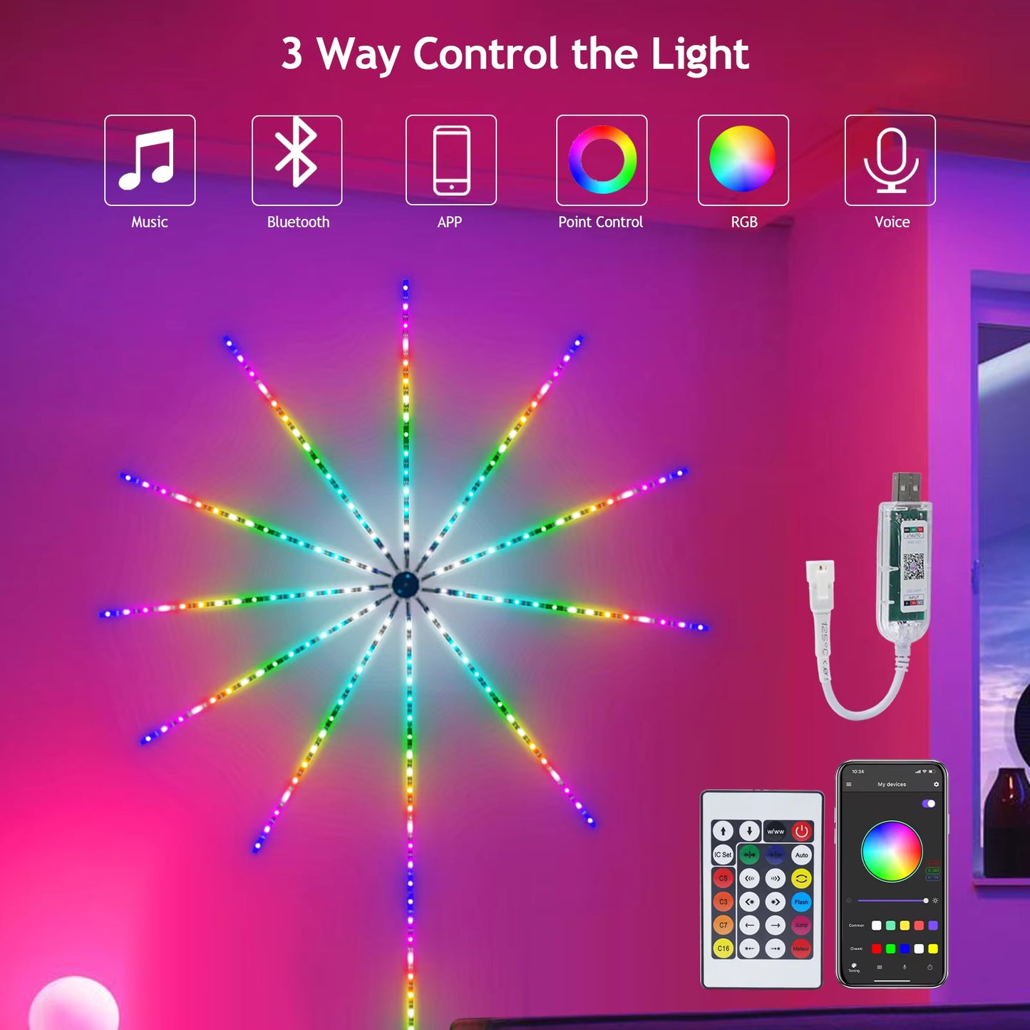 "Vibrant RGB WS2812B Fireworks LED Light Kit with 24-Key Remote & Bluetooth Music Control - Perfect for Bedroom, Christmas, and Wedding Decor!"