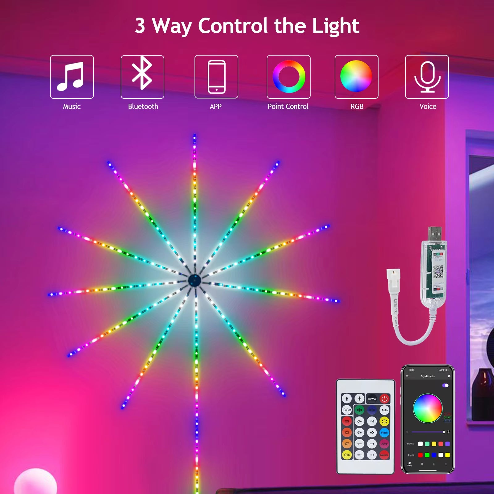 "Vibrant RGB WS2812B Fireworks LED Light Kit with 24-Key Remote & Bluetooth Music Control - Perfect for Bedroom, Christmas, and Wedding Decor!"