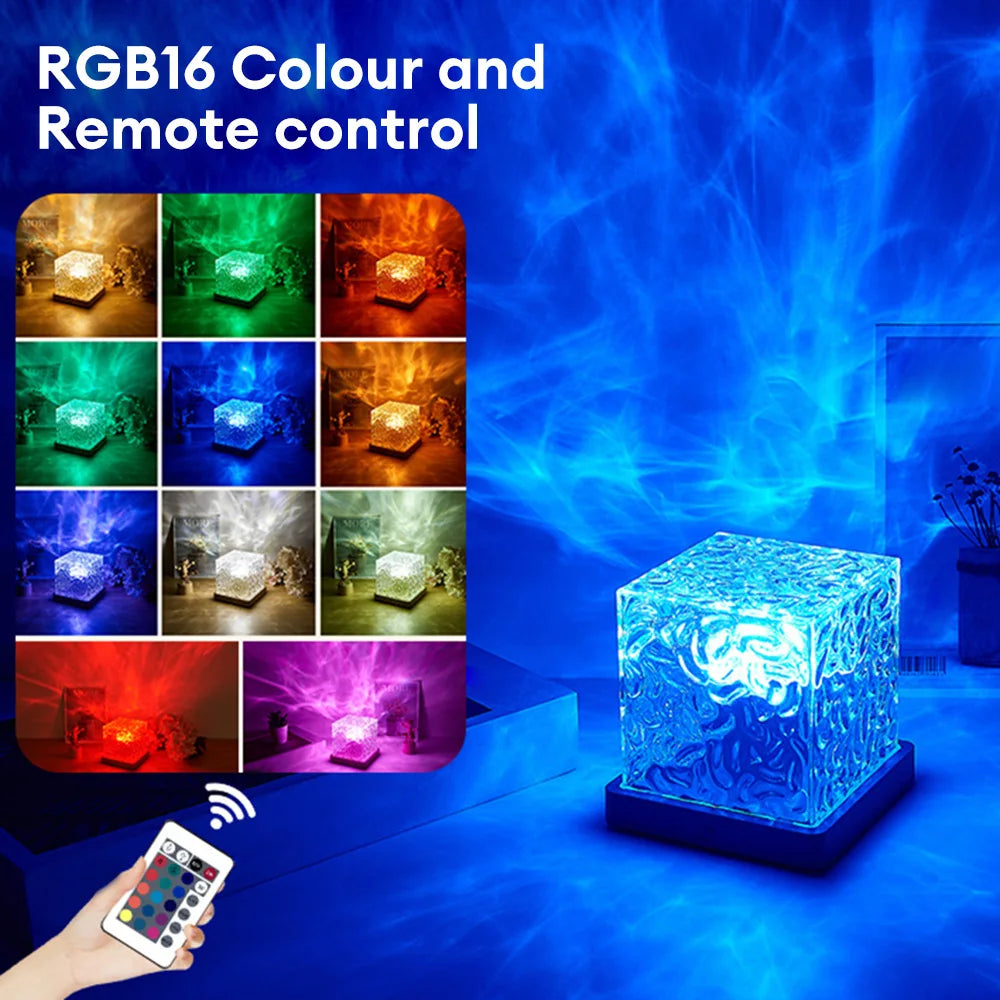 Water Ripple Projector Night Light Crystal Lamp RGB Color Changing Atmosphere Light Remote Control Bedside Lamp Holiday Gift