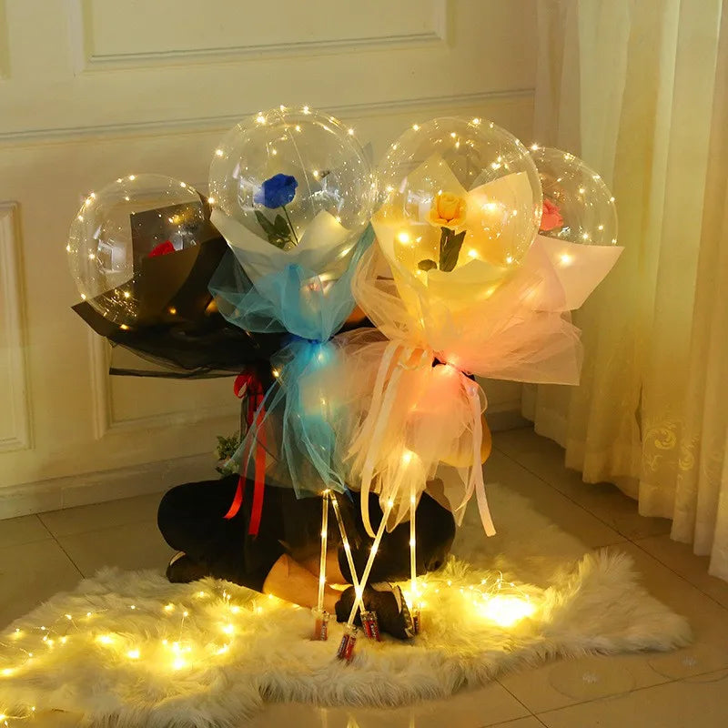 LED Luminous Balloon Rose Bouquet Transparent Bobo Ball Rose Valentines Day Gift Birthday Gift Party Wedding Decoration Balloons