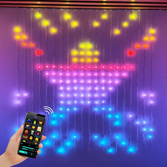 Smart App-Controlled LED Window Curtain String Lights - 400 LED Fairy Lights with Programmable Patterns and Text for Christmas, Weddings, and Bedroom Decor