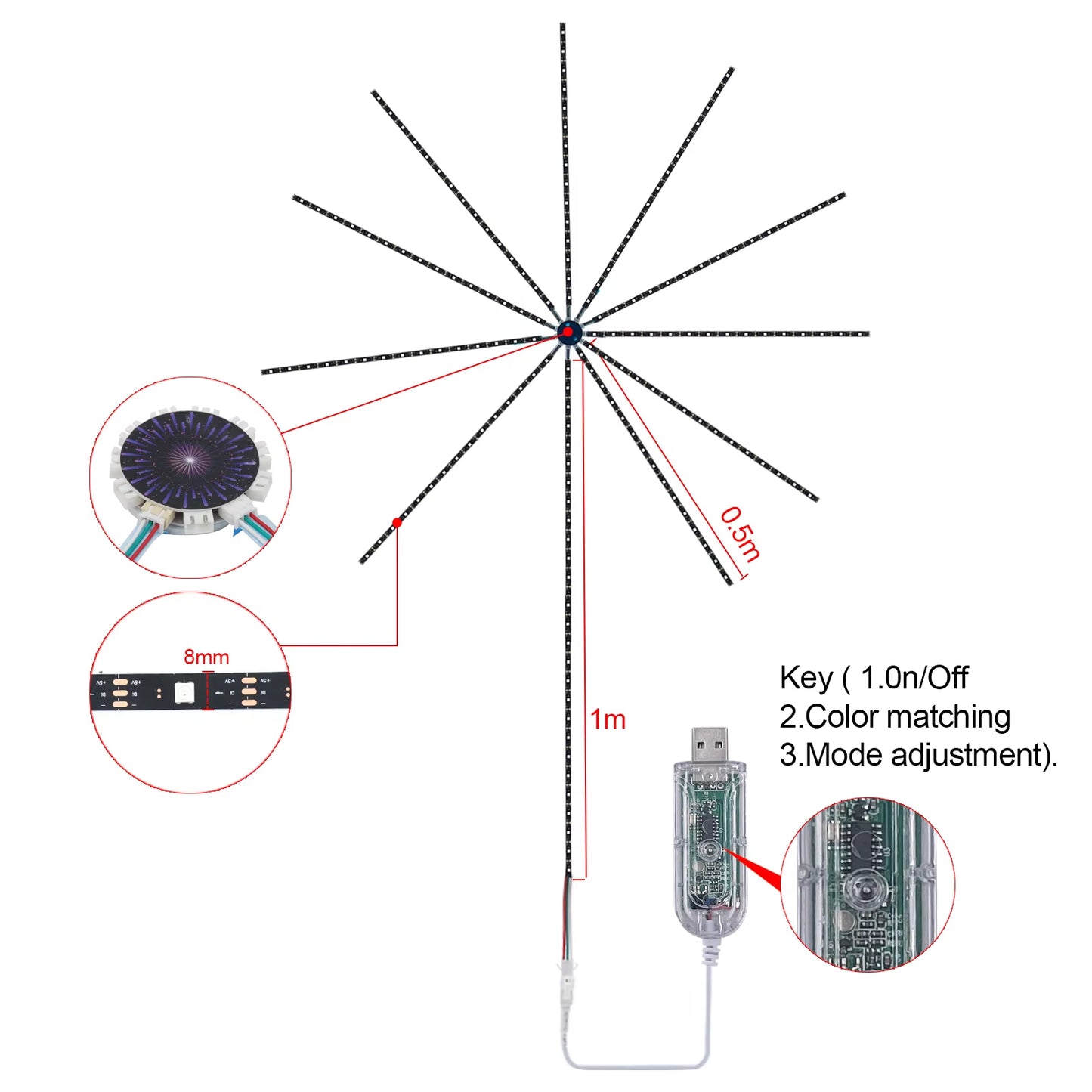 "Vibrant RGB WS2812B Fireworks LED Light Kit with 24-Key Remote & Bluetooth Music Control - Perfect for Bedroom, Christmas, and Wedding Decor!"