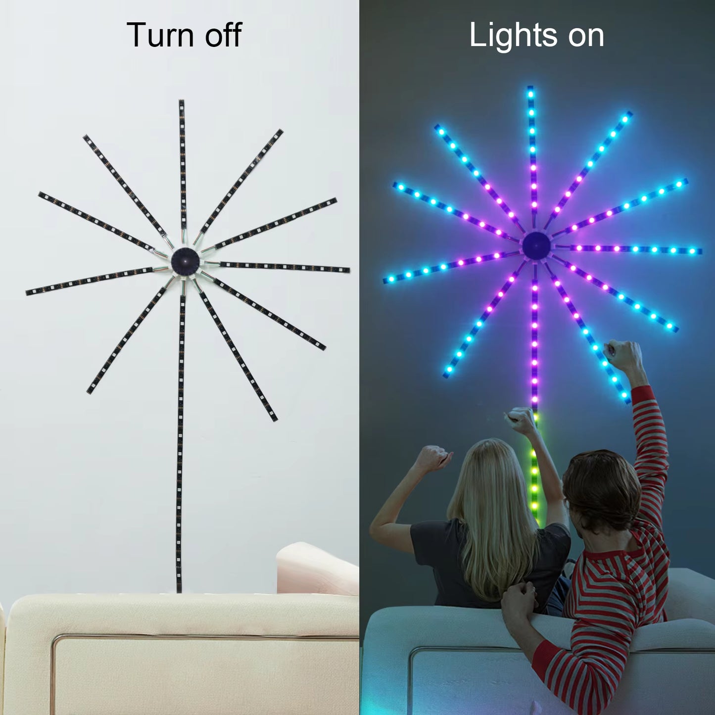 "Vibrant RGB WS2812B Fireworks LED Light Kit with 24-Key Remote & Bluetooth Music Control - Perfect for Bedroom, Christmas, and Wedding Decor!"